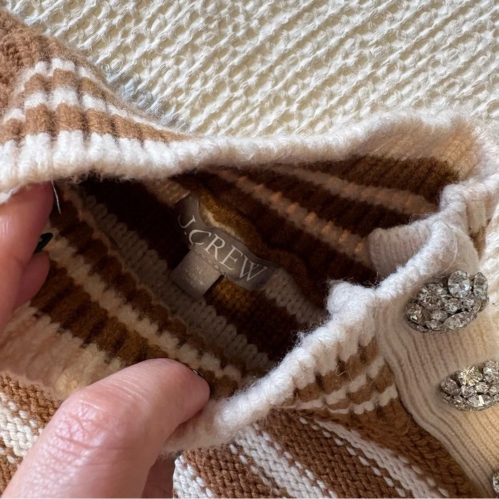 J. Crew striped Cable knit mockneck pullover in jewel bling buttons size L